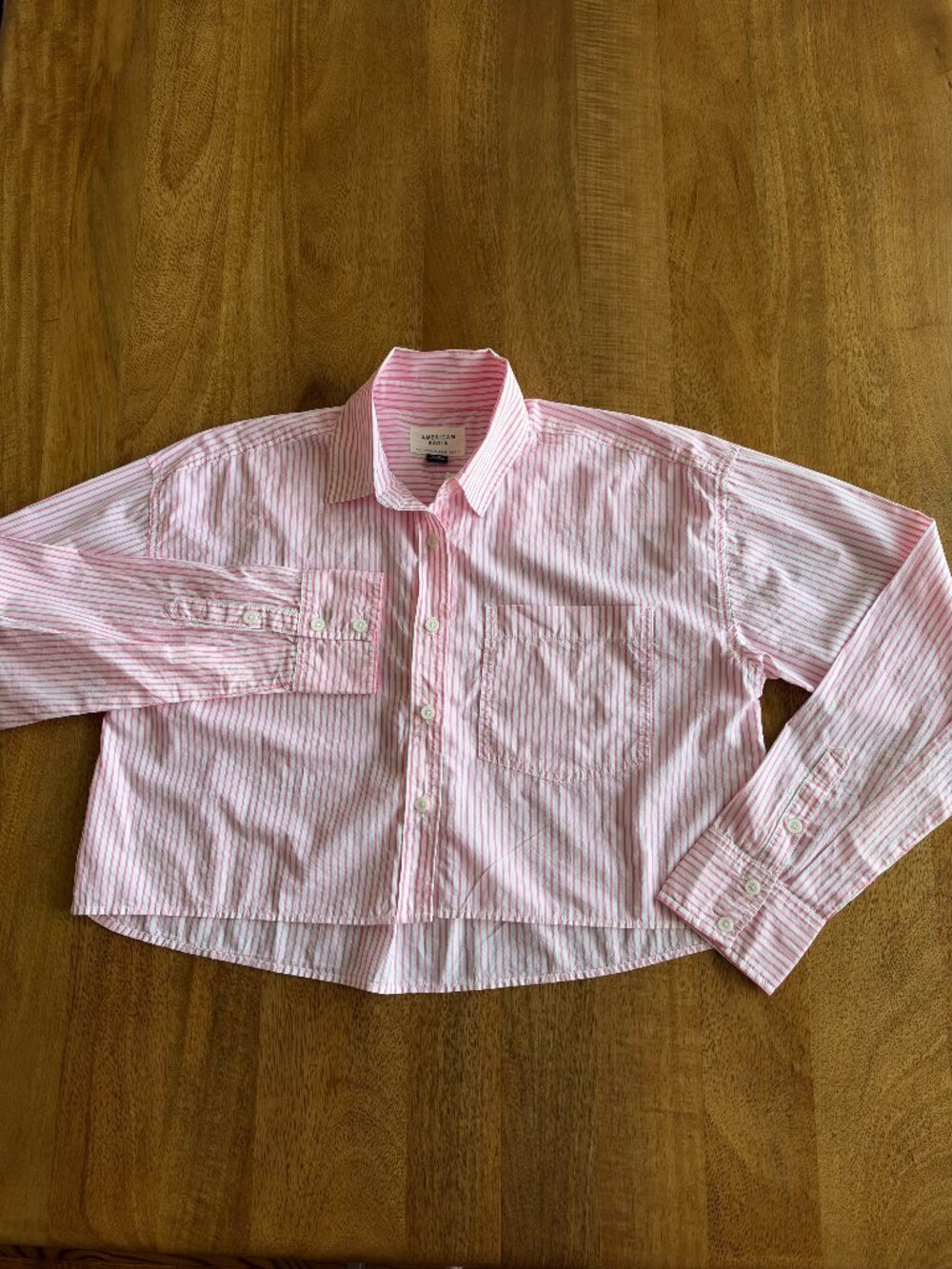 American Eagle cotton cropped button-up shirt pink and white striped | Sz Small